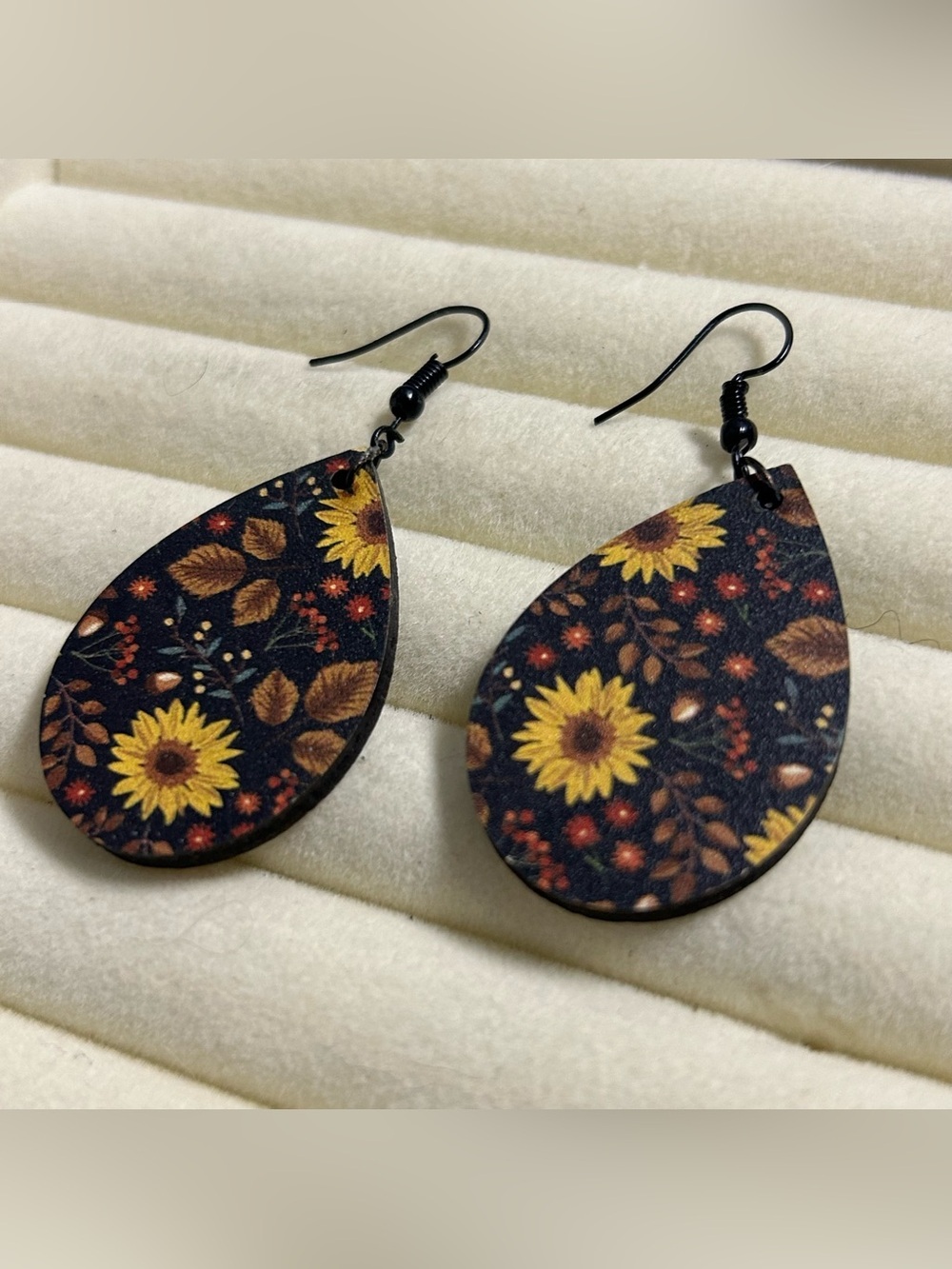 Floral Teardrop Wooden Dangle Earrings